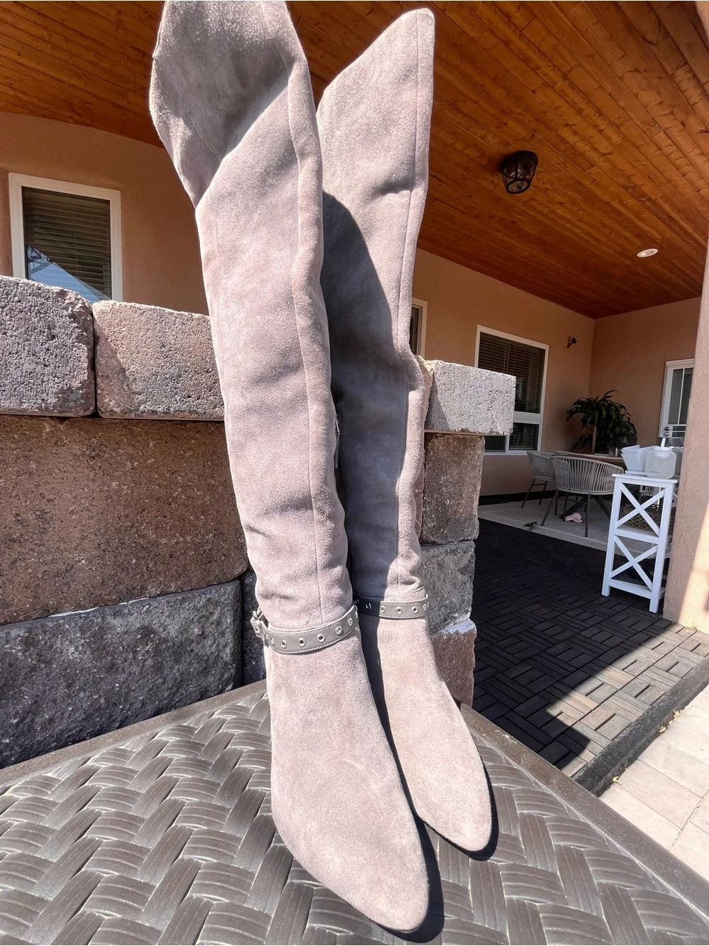 Nine West Taupe Suede Over-the-Knee Boots with Studded Ankle Strap